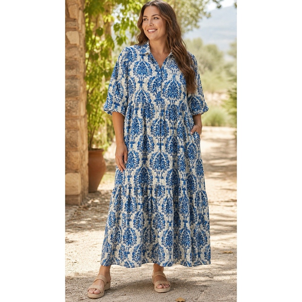 Women's 2X Blue White Damask Tiered Midi Shirt Dress Collared Boho Cottage JJ12